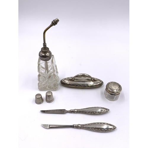 2249 - Seven items, six hallmarked sterling silver vanity items and one Charles Horner Dorcas thimble