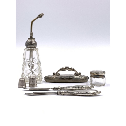 2249 - Seven items, six hallmarked sterling silver vanity items and one Charles Horner Dorcas thimble