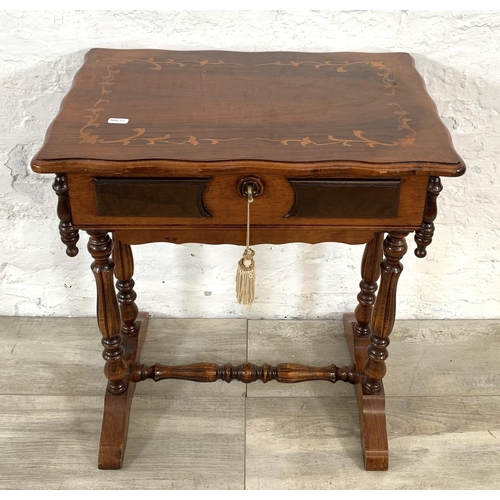 1 - A 19th century style inlaid walnut serpentine sewing table - approx. 60cm high x 52cm wide x 36cm de... 