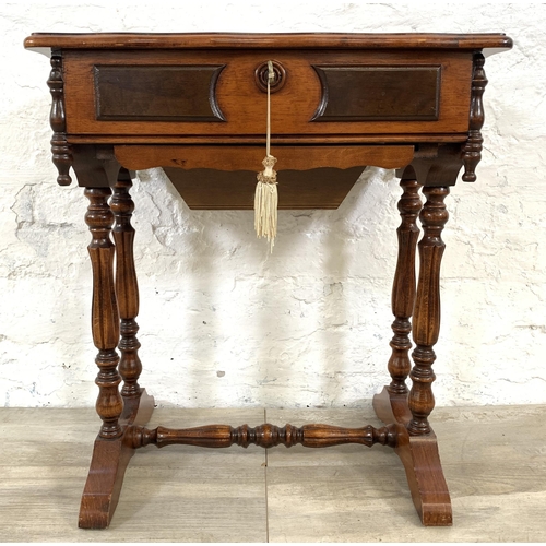 1 - A 19th century style inlaid walnut serpentine sewing table - approx. 60cm high x 52cm wide x 36cm de... 