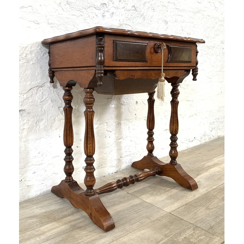 1 - A 19th century style inlaid walnut serpentine sewing table - approx. 60cm high x 52cm wide x 36cm de... 