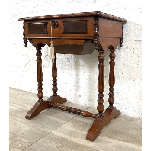 1 - A 19th century style inlaid walnut serpentine sewing table - approx. 60cm high x 52cm wide x 36cm de... 