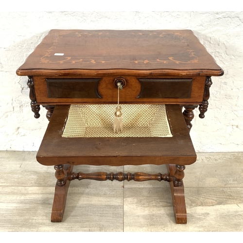 1 - A 19th century style inlaid walnut serpentine sewing table - approx. 60cm high x 52cm wide x 36cm de... 