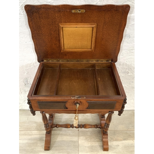 1 - A 19th century style inlaid walnut serpentine sewing table - approx. 60cm high x 52cm wide x 36cm de... 