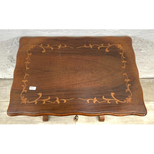 1 - A 19th century style inlaid walnut serpentine sewing table - approx. 60cm high x 52cm wide x 36cm de... 