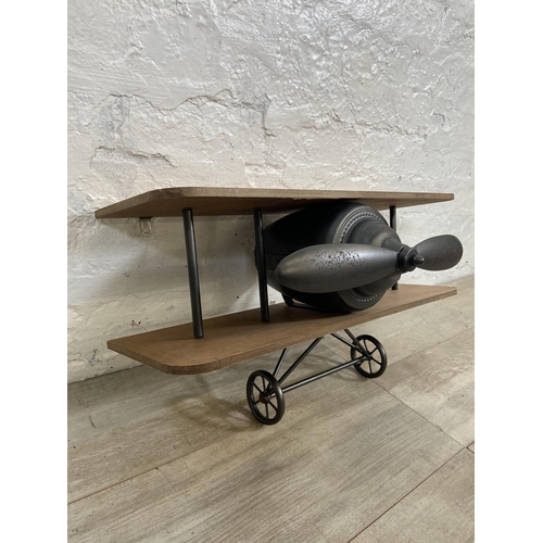 13 - A wood and metal novelty aeroplane wall shelf - approx. 31cm high x 60cm wide x 19cm deep