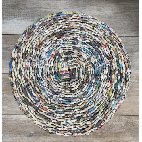 142 - Two handmade woven newspaper waste paper bins - largest approx. 33cm high x 43cm diameter