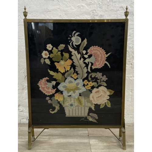 155 - A mid 20th century brass and tapestry fire screen - approx. 74cm high x 52cm wide