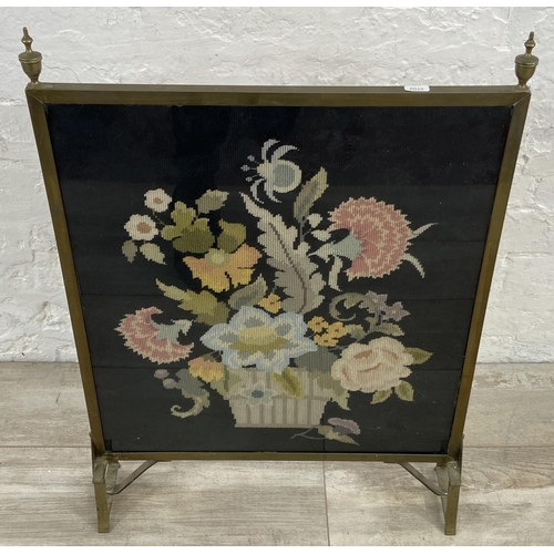 155 - A mid 20th century brass and tapestry fire screen - approx. 74cm high x 52cm wide