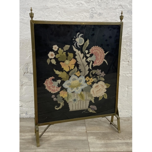 155 - A mid 20th century brass and tapestry fire screen - approx. 74cm high x 52cm wide