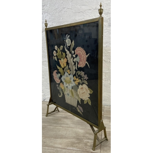 155 - A mid 20th century brass and tapestry fire screen - approx. 74cm high x 52cm wide