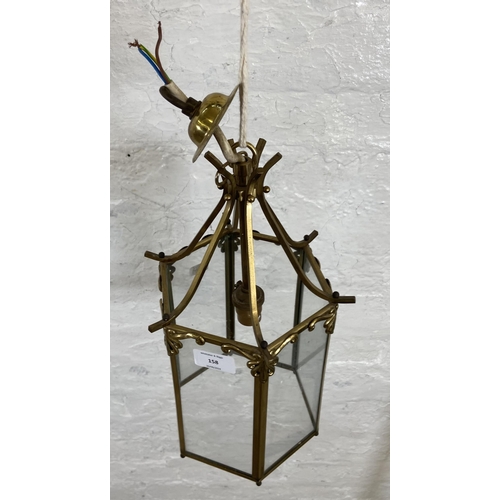 158 - A mid/late 20th century Georgian style hexagonal brass and glass ceiling lantern - approx. 35cm high... 