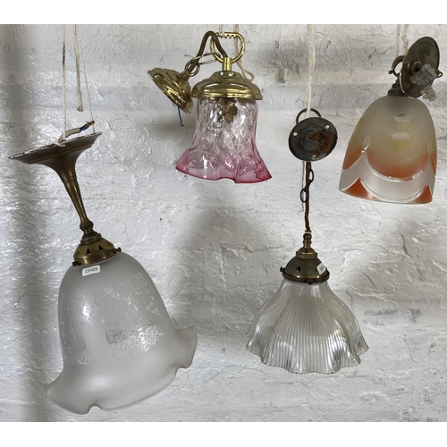 159 - Four ceiling lights to include one 1930s French Holophane fluted glass, acid etched etc.