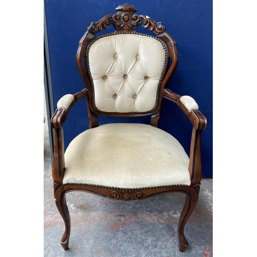 176 - An Italian style inlaid walnut single pedestal dining table and six fabric upholstered chairs