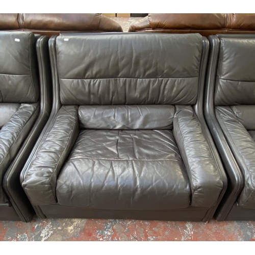 194 - A 1970s Gimson Slater Collection brown leather three piece lounge suite comprising three seater sofa... 