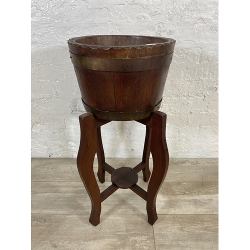 2 - An early 20th century coopered oak and brass banded jardinière on stand - approx. 73cm high x 33cm d... 