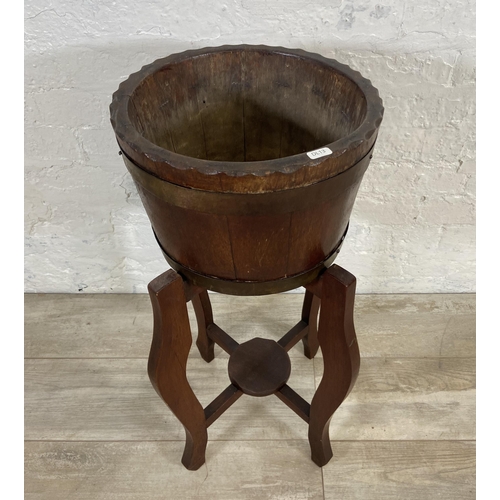 2 - An early 20th century coopered oak and brass banded jardinière on stand - approx. 73cm high x 33cm d... 