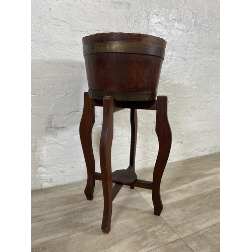 2 - An early 20th century coopered oak and brass banded jardinière on stand - approx. 73cm high x 33cm d... 