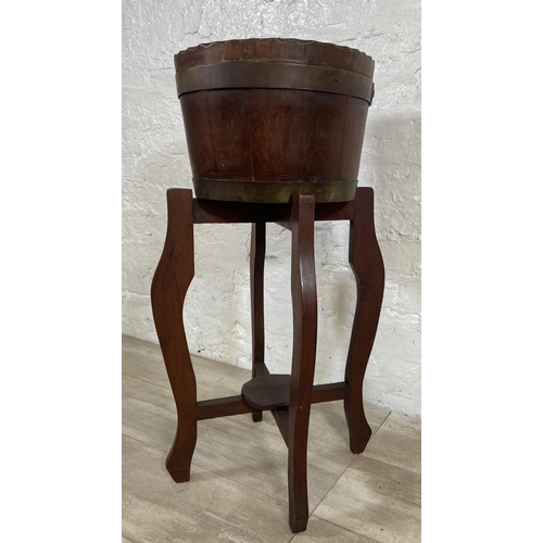 2 - An early 20th century coopered oak and brass banded jardinière on stand - approx. 73cm high x 33cm d... 