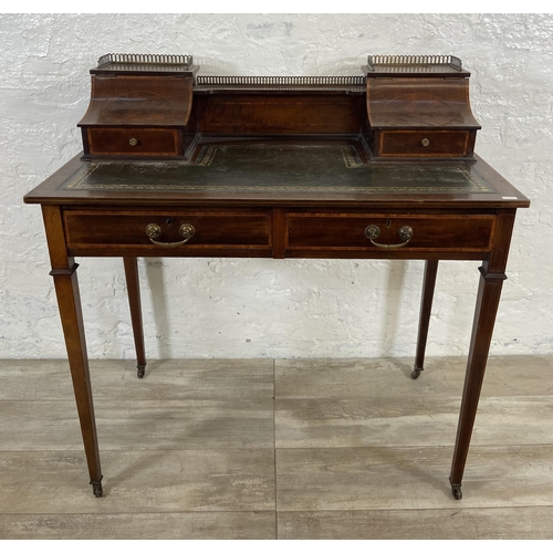 26 - An Edwardian inlaid mahogany and green leather writing desk - approx. 92cm high x 91cm wide x 51cm d... 