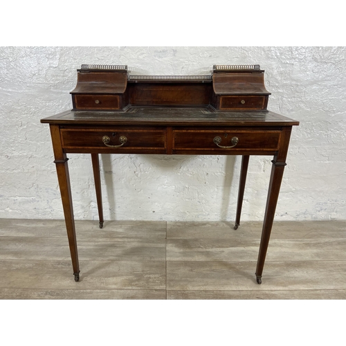 26 - An Edwardian inlaid mahogany and green leather writing desk - approx. 92cm high x 91cm wide x 51cm d... 