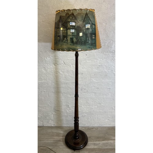 32 - A mid 20th century beech standard lamp with circular base and shade - approx. 174cm high