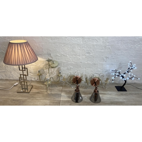 45 - Seven pieces of lighting to include Laura Ashley Home table lamp, pair of copper effect and smoked g... 