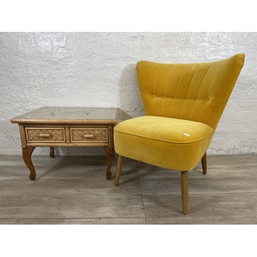 51 - Two pieces of furniture, one yellow fabric upholstered bedroom chair and one wicker and cane two dra... 