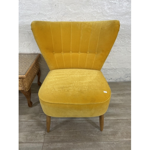 51 - Two pieces of furniture, one yellow fabric upholstered bedroom chair and one wicker and cane two dra... 