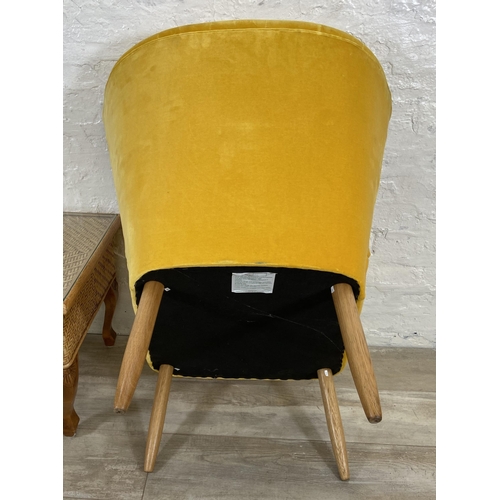 51 - Two pieces of furniture, one yellow fabric upholstered bedroom chair and one wicker and cane two dra... 