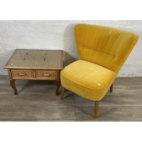 51 - Two pieces of furniture, one yellow fabric upholstered bedroom chair and one wicker and cane two dra... 