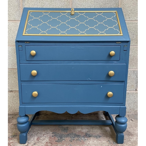 58 - An early/mid 20th century blue and gold painted bureau - approx. 102cm high x 76cm wide x 44cm deep