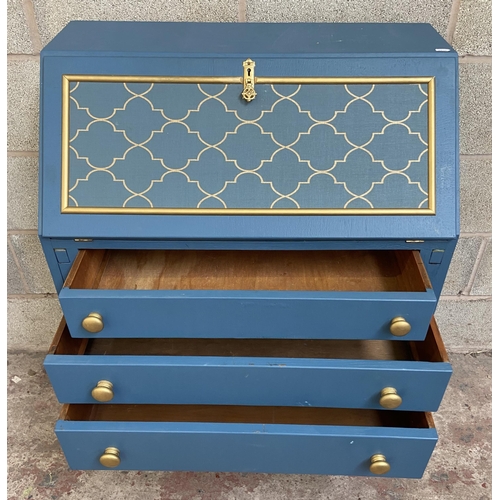 58 - An early/mid 20th century blue and gold painted bureau - approx. 102cm high x 76cm wide x 44cm deep