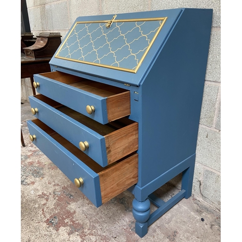 58 - An early/mid 20th century blue and gold painted bureau - approx. 102cm high x 76cm wide x 44cm deep