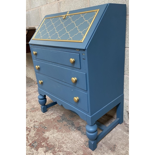 58 - An early/mid 20th century blue and gold painted bureau - approx. 102cm high x 76cm wide x 44cm deep