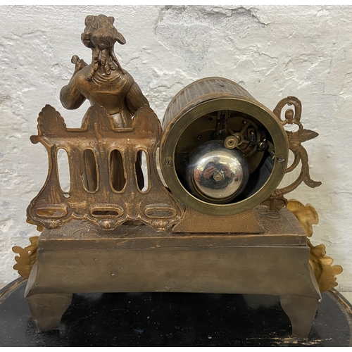 90 - A 19th century French gilt metal figural chiming mantel clock with pendulum, key and glass dome - ap... 