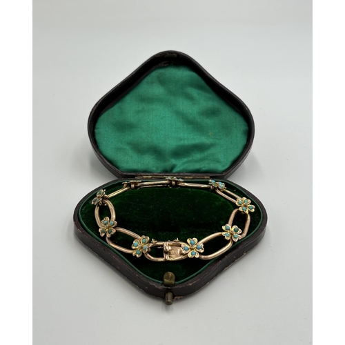 An Edwardian hallmarked 9ct gold turquoise and seed pearl set floral bracelet - approx. gross weight 14.7g