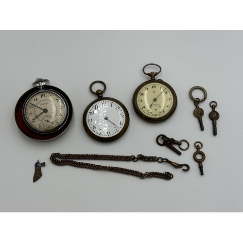 2176 - Three vintage pocket watches with accessories to include Bentima etc.