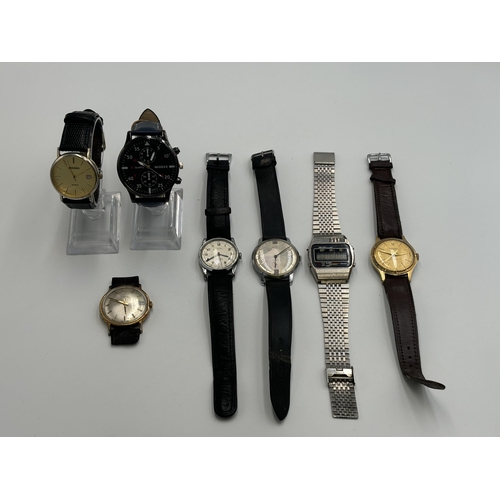 2193 - Seven men's wristwatches to include Melody digital alarm, Timex hand wind, Ingersoll hand wind, Spel... 