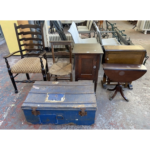 110 - Six pieces of house clearance furniture to include early 20th century oak bedside cabinet, Strongbow... 