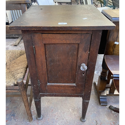 110 - Six pieces of house clearance furniture to include early 20th century oak bedside cabinet, Strongbow... 