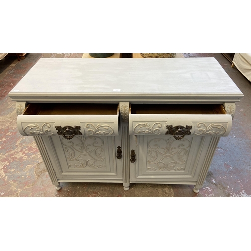 113 - A late Victorian/Edwardian carved and grey painted sideboard - approx. 97cm high x 120cm wide x 48cm... 