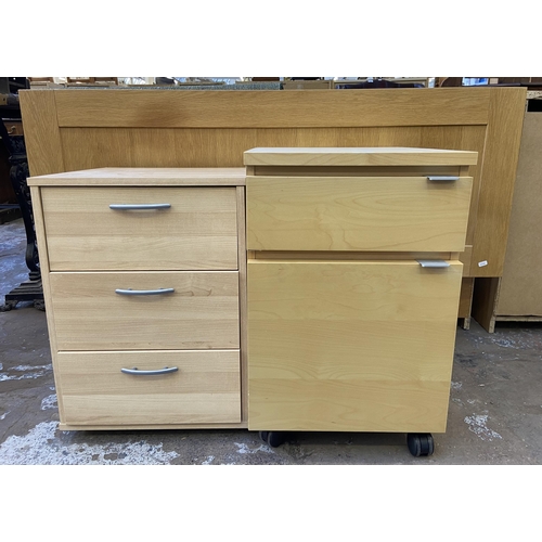 119 - Three pieces of furniture, one beech two drawer filing cabinet, one beech effect bedside chest of th... 