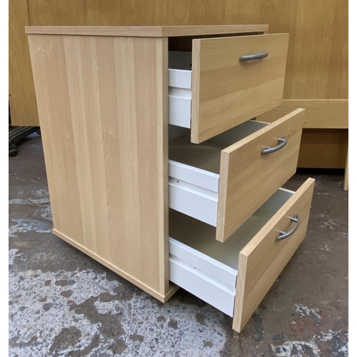 119 - Three pieces of furniture, one beech two drawer filing cabinet, one beech effect bedside chest of th... 