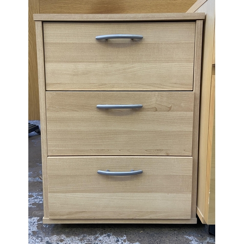 119 - Three pieces of furniture, one beech two drawer filing cabinet, one beech effect bedside chest of th... 