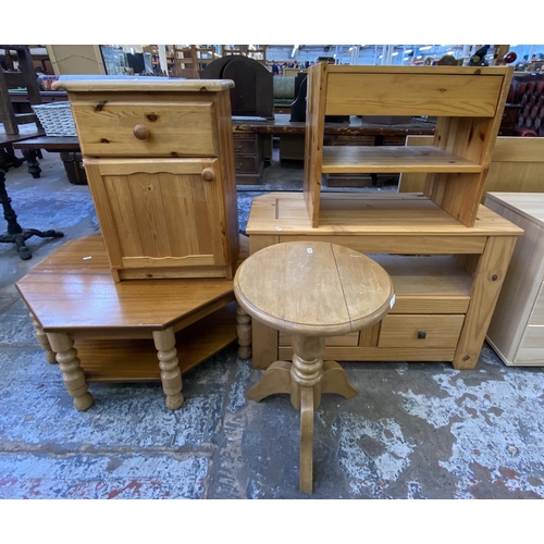 120 - Five pieces of furniture, pine TV stand, pine side table, teak octagonal two tier coffee table, pine... 