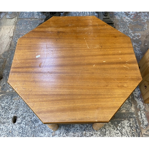 120 - Five pieces of furniture, pine TV stand, pine side table, teak octagonal two tier coffee table, pine... 