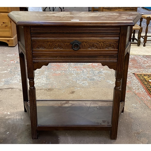 125 - Five pieces of furniture, carved oak two tier console table, carved oak rectangular coffee table, ea... 