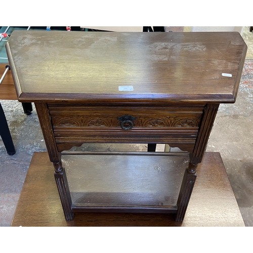 125 - Five pieces of furniture, carved oak two tier console table, carved oak rectangular coffee table, ea... 