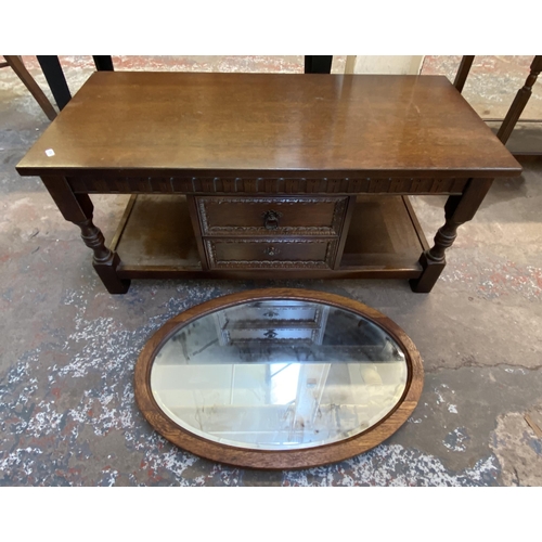 125 - Five pieces of furniture, carved oak two tier console table, carved oak rectangular coffee table, ea... 